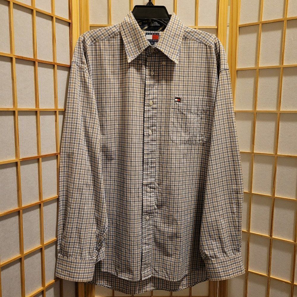 Tommy Hilfiger Mens Plaid Button Down Pocket Logo Shirt Sz L